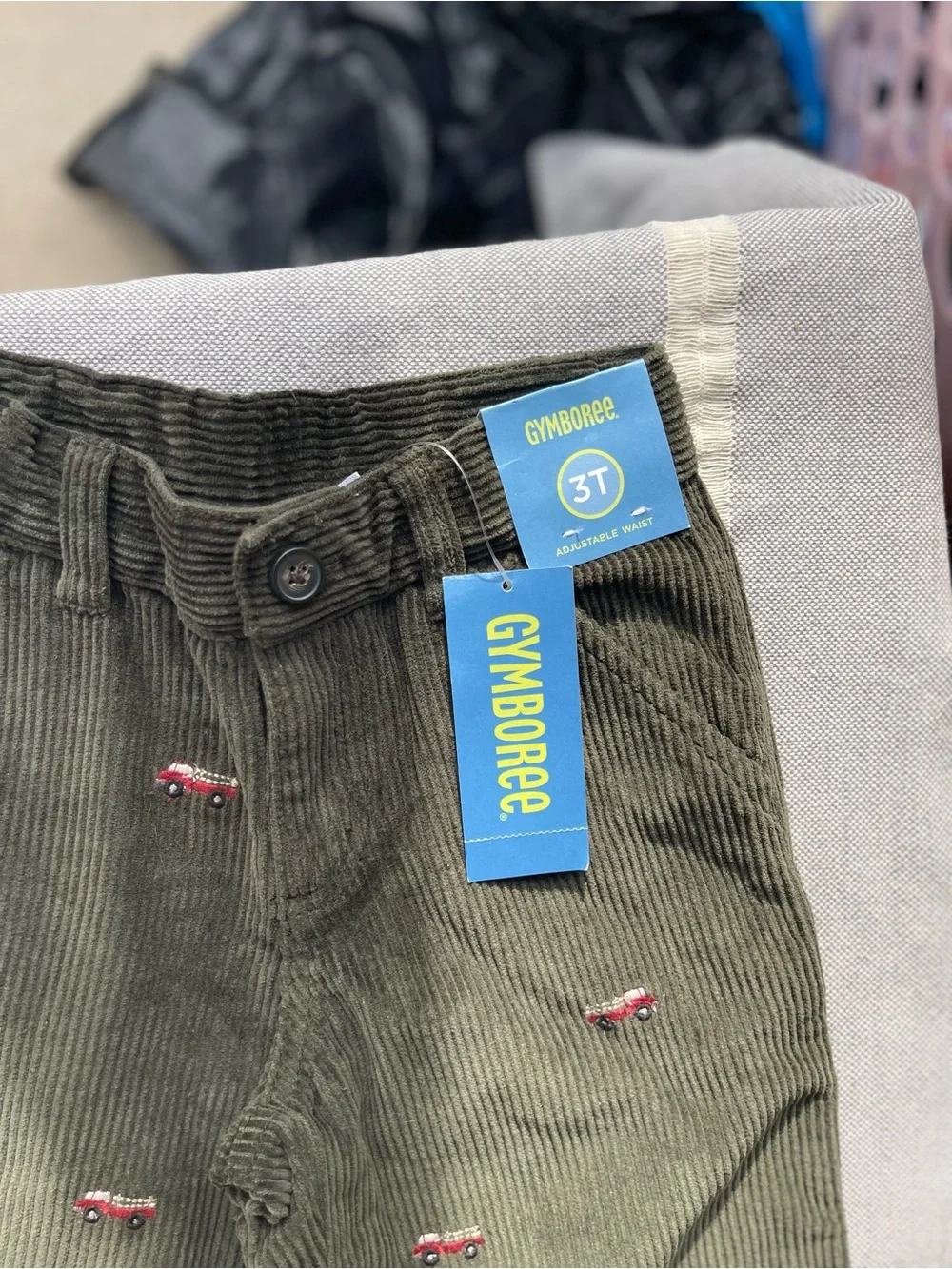 Gymboree Olive Green Corduroy Pants with Red Truck Embroidery - 3T